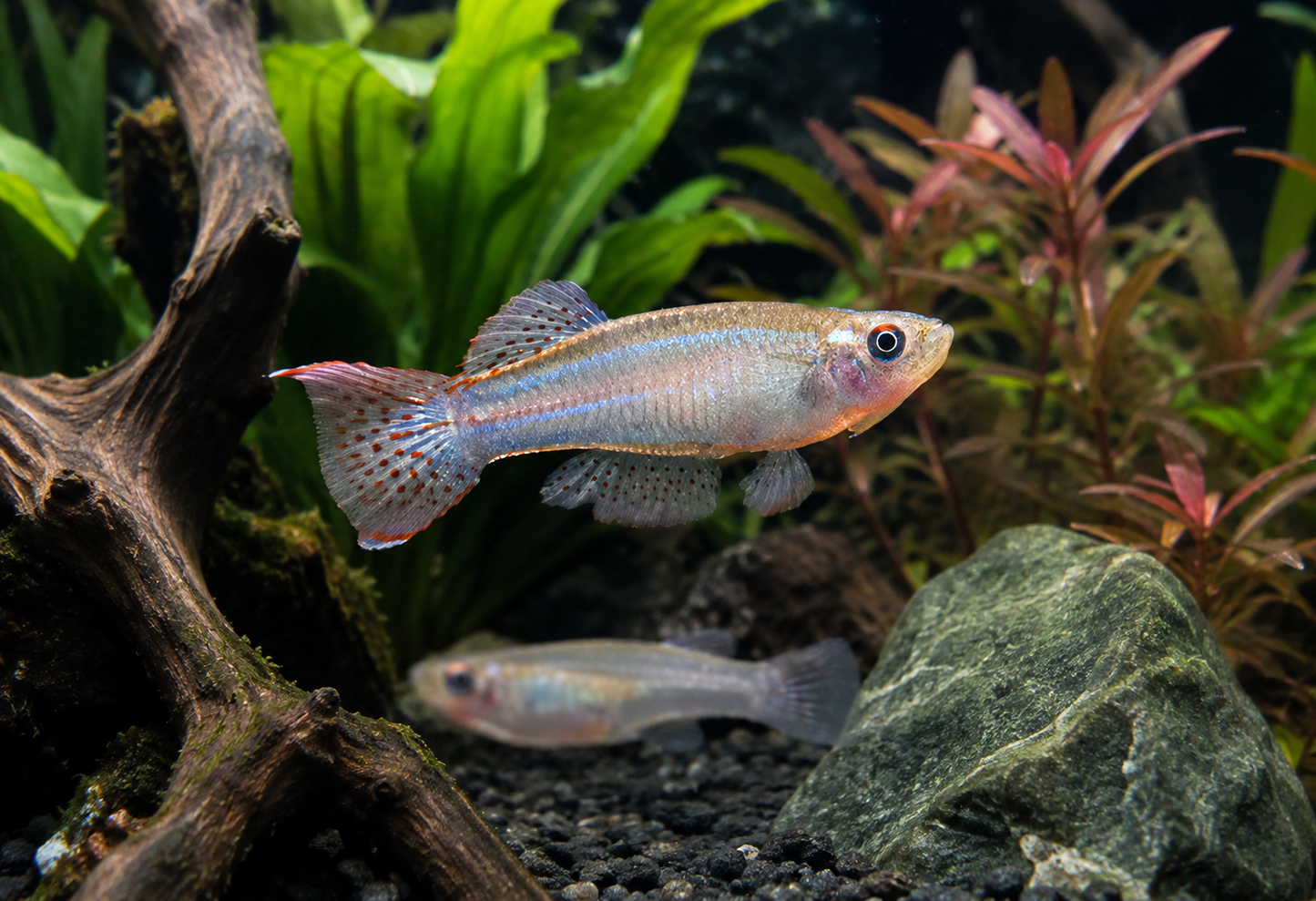 A small live aquarium fish with a silver body and pinkish-red fins swimming in a planted tank with driftwood, green and red plants, and a rock.