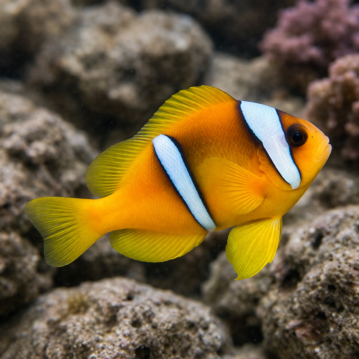 Orange clownfish with white stripes on a coral reef background