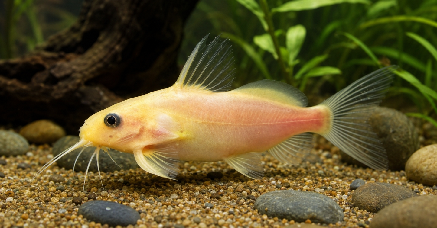 A pale yellow and pinkish-orange catfish with long whiskers swimming in an aquarium over gravel and rocks with green plants in the background.