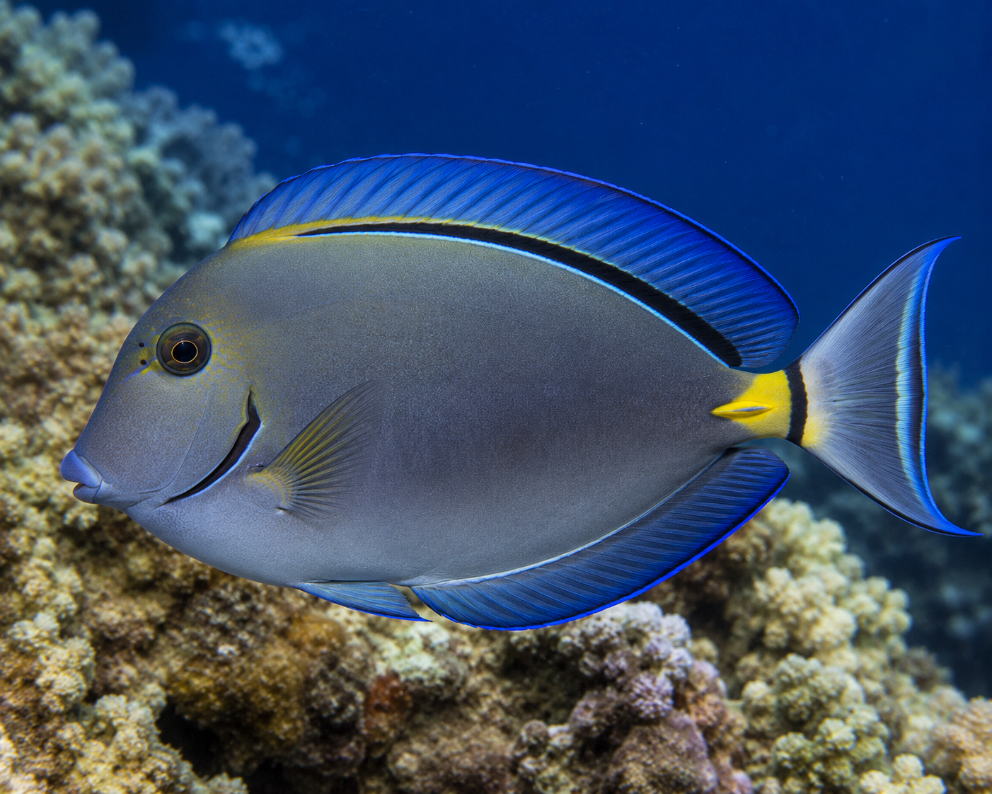 Blue and yellow fish swimming near coral in an underwater setting