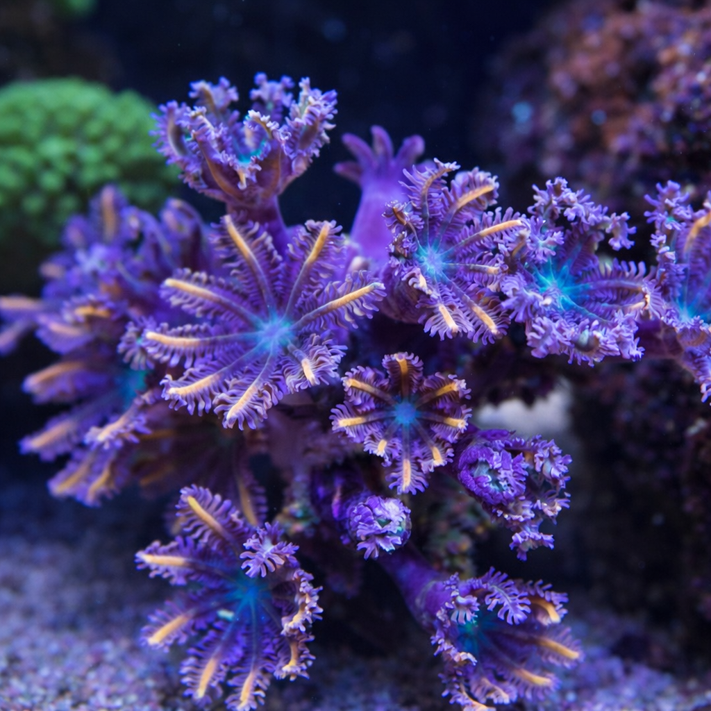 Close-up of vibrant purple coral with intricate details on a dark background