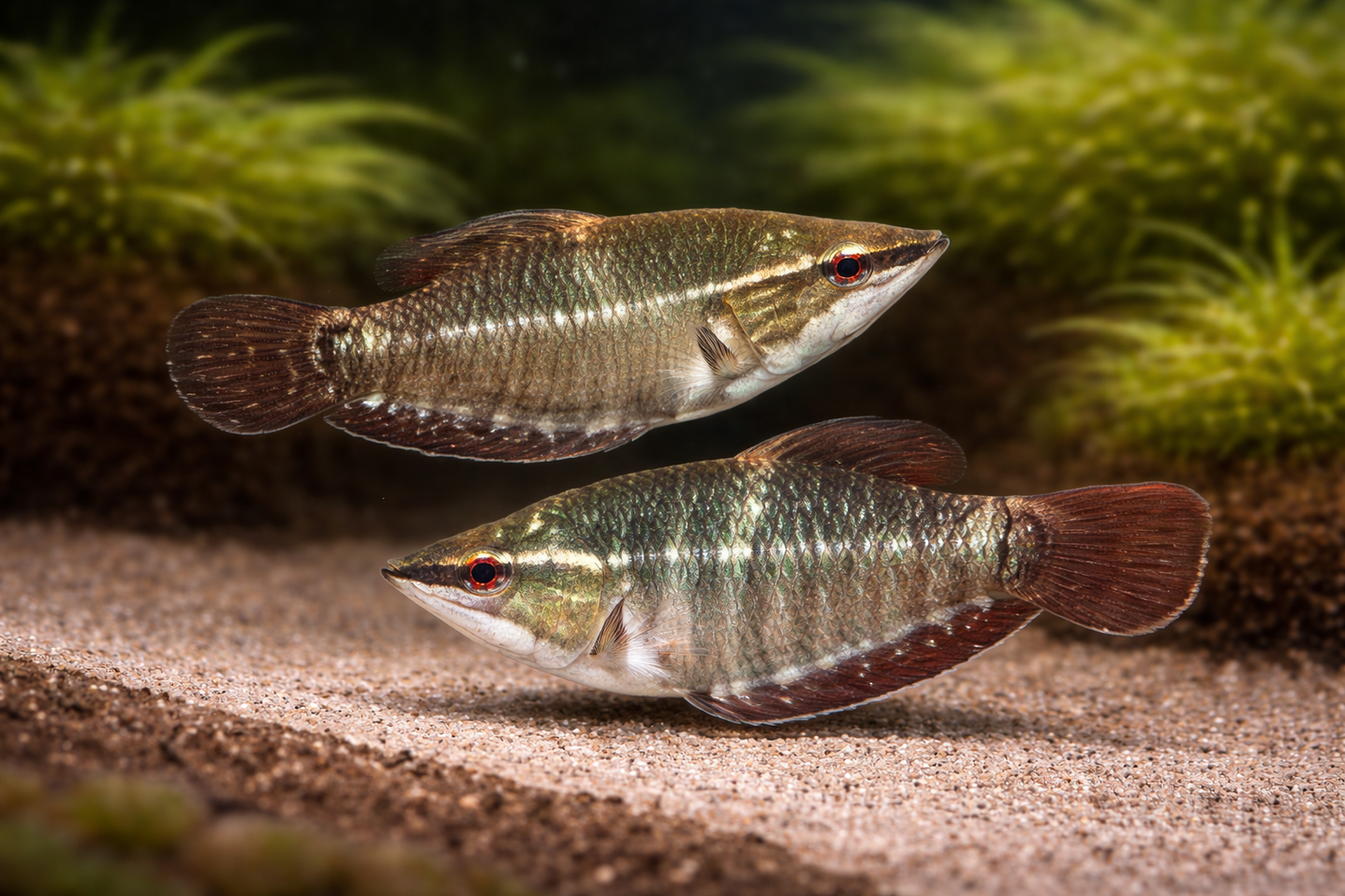 Two fish swimming in an aquarium with green plants in the background