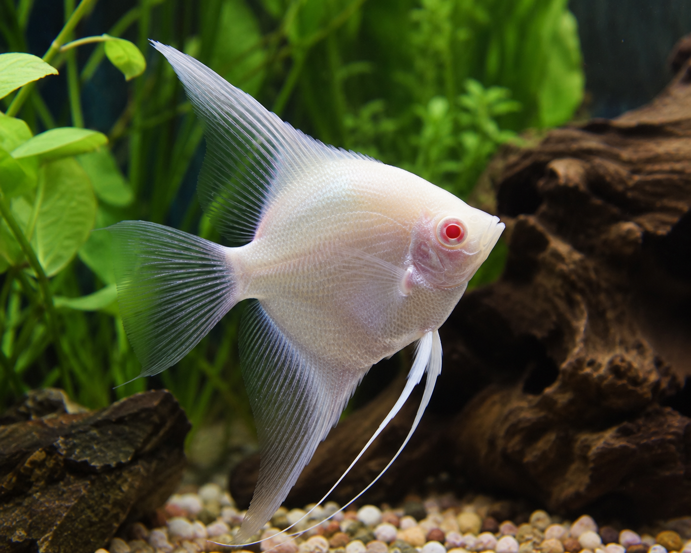 White angelfish in an aquarium with green plants and wood.