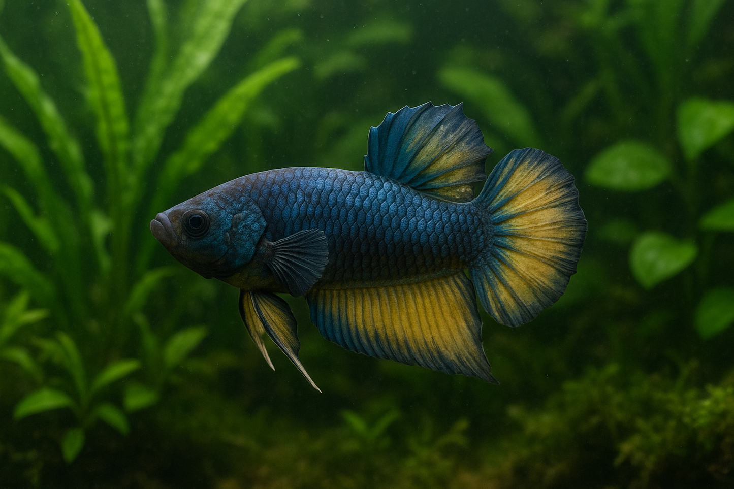 Plakat Blue Mustard Male Betta Fish with plants in the back. make it less perfect so that it looks more realistic