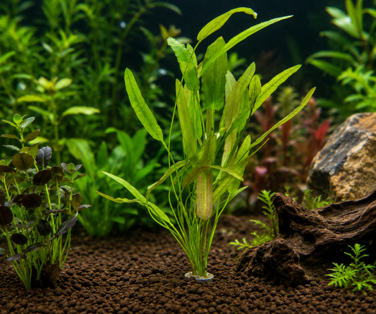 A live aquarium plant with long, slender bright green leaves standing upright in a planted tank, surrounded by other aquatic plants, dark substrate, and driftwood.