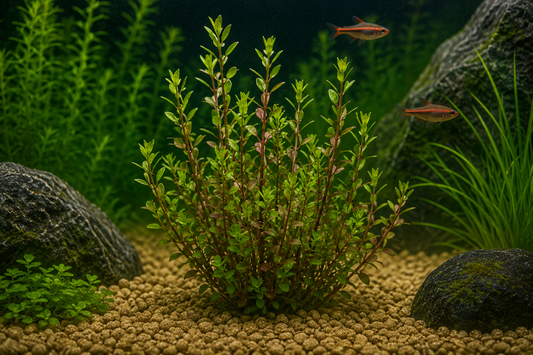Aquatic plant in an aquarium with gravel and rocks