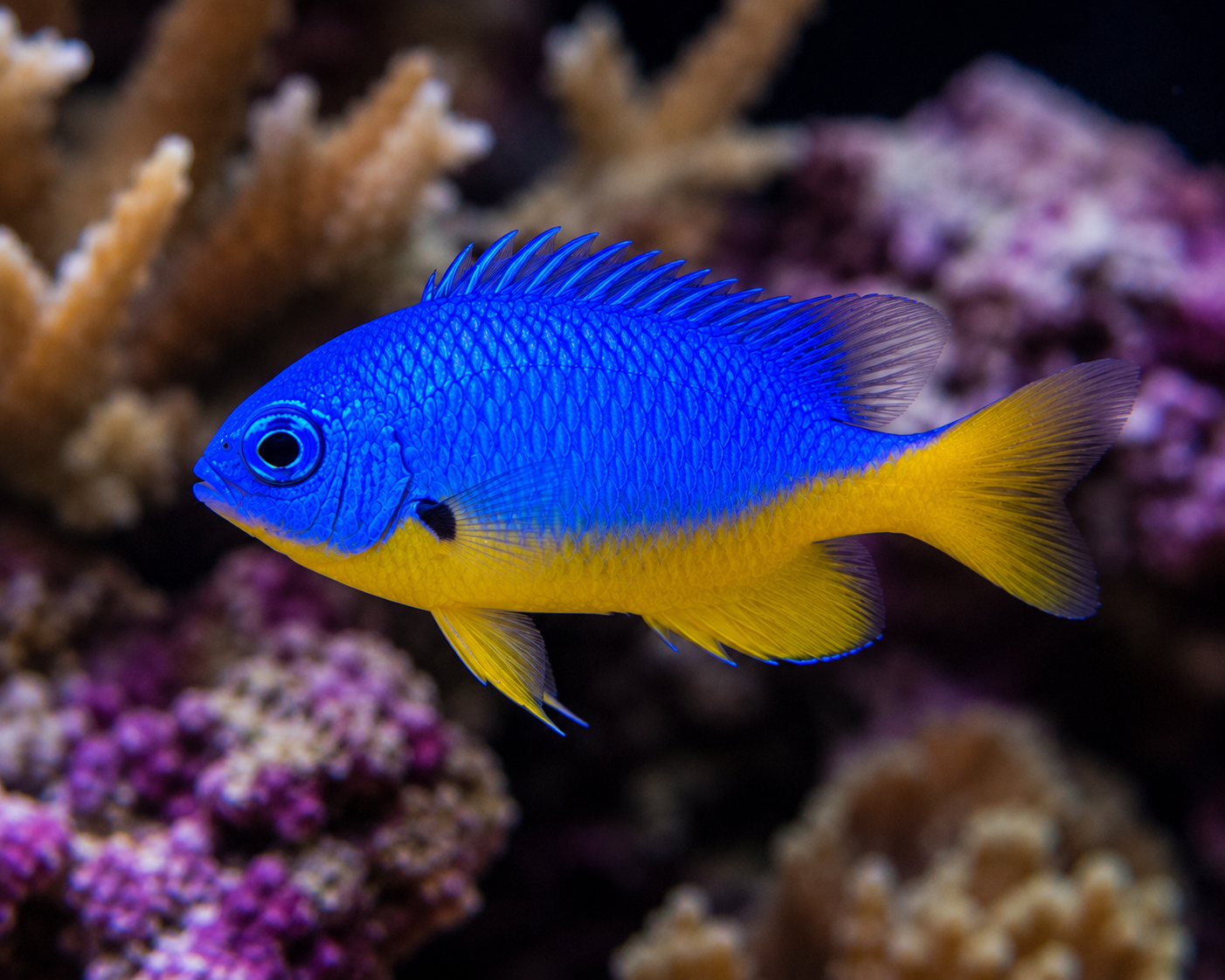 Blue and yellow fish swimming among coral in an aquarium setting