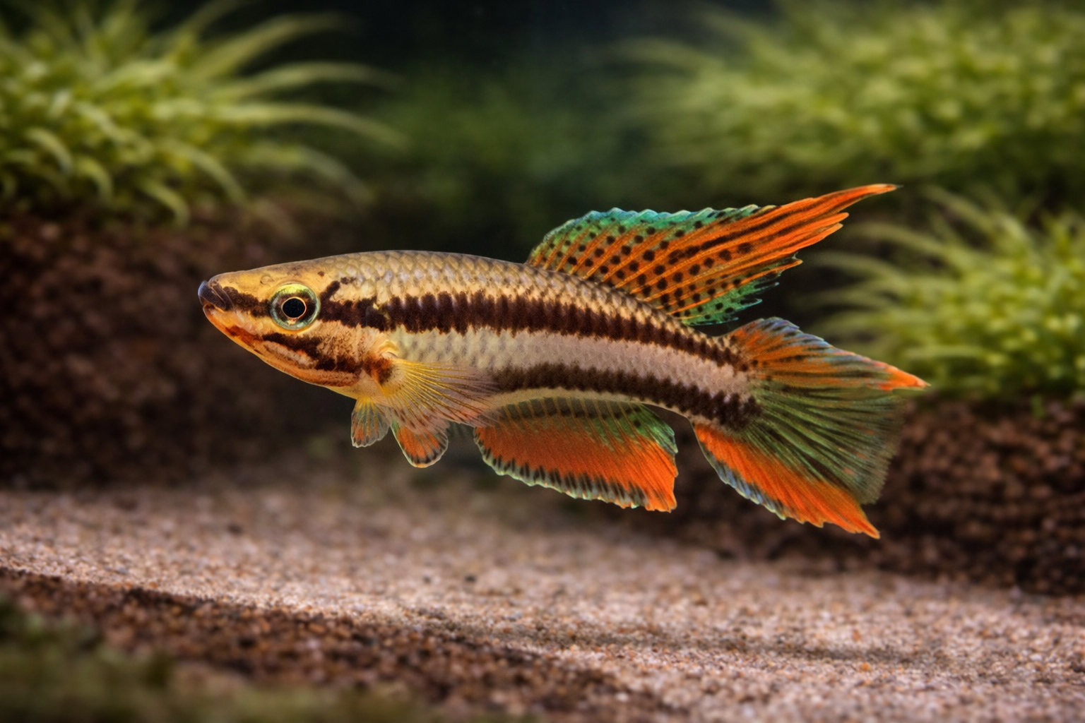 Colorful fish swimming in an aquarium with green plants and brown substrate