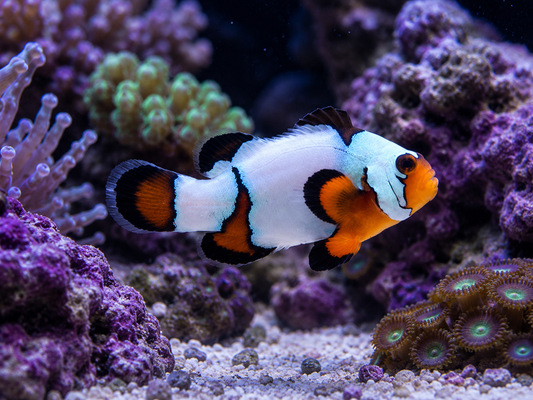 A live clownfish with a white, black, and orange color pattern swimming in a vibrant purple coral reef aquarium environment.
