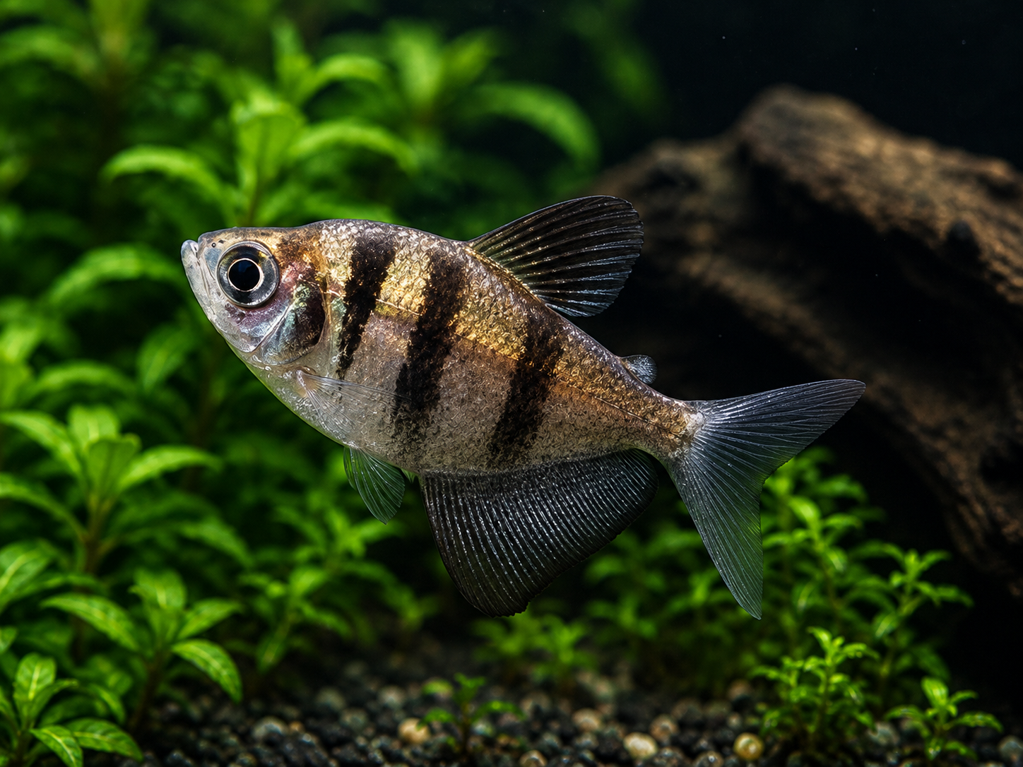 A live aquarium fish, likely a tetra, swimming in a planted tank with green aquatic plants and a piece of driftwood in the background.