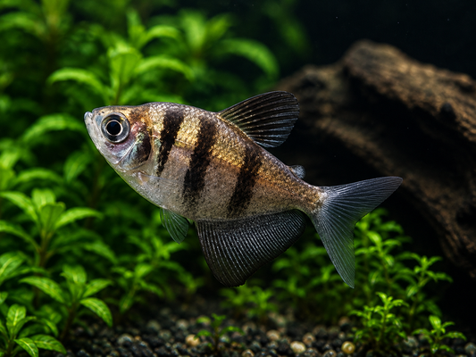 A live aquarium fish, likely a tetra, swimming in a planted tank with green aquatic plants and a piece of driftwood in the background.