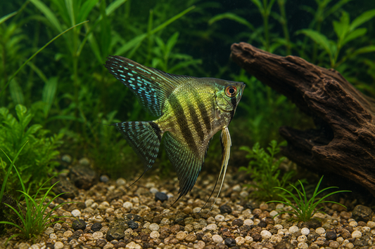 Fish in an aquarium with green plants and a piece of wood.