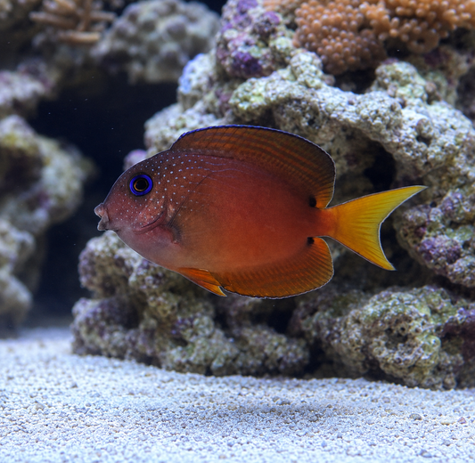 A live coral reef fish, likely a damselfish or wrasses species, with a reddish-orange body, yellow tail, and blue-ringed eye, swimming in an aquarium setting with coral and sand.