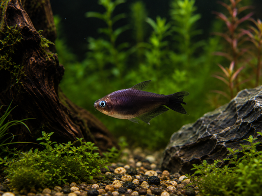 A small purple-blue fish swims in a planted aquarium with green aquatic plants, a piece of driftwood, and a dark rock on a gravel bed.
