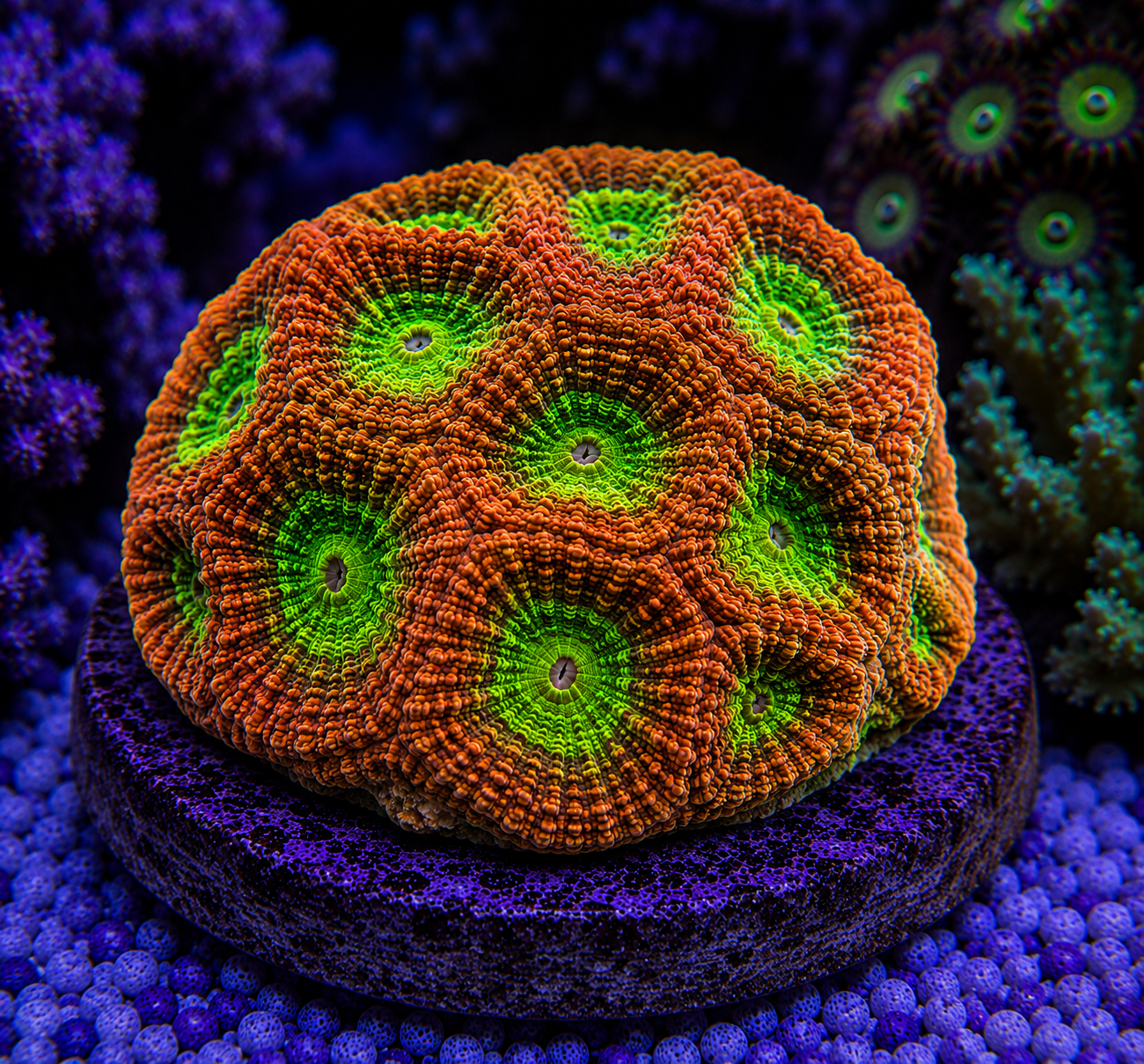 Close-up of a colorful coral with orange and green patterns on a purple background