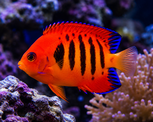  vibrant orange and blue fish in an aquarium setting with coral