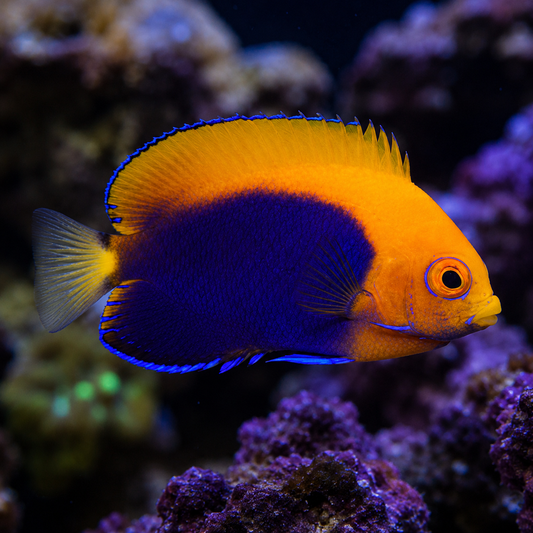 A vibrant yellow and blue angelfish swimming in a coral reef aquarium setting with purple corals in the background.