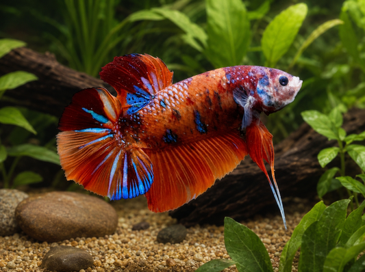 A vibrant betta fish with orange, red, and blue fins swimming in a planted aquarium with green plants, gravel, and driftwood.
