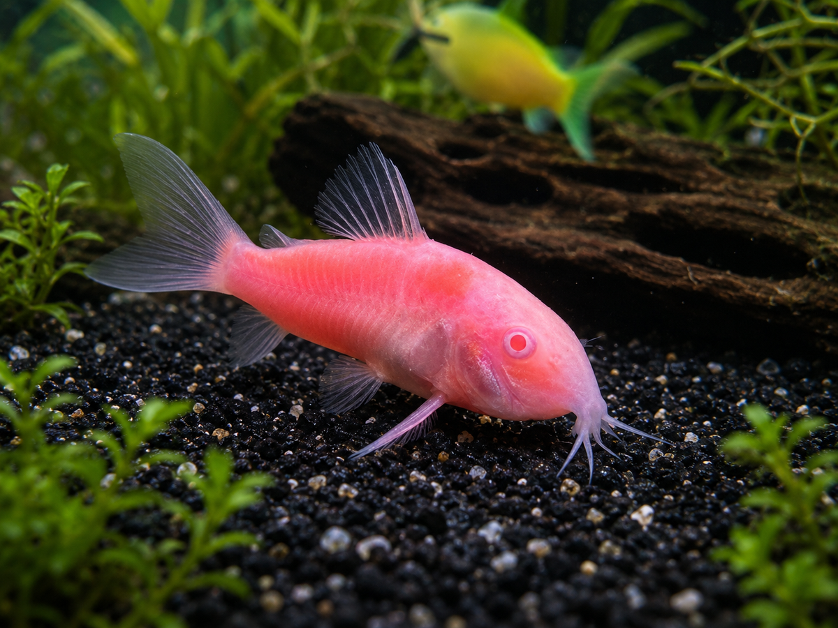 A pink catfish swimming in a planted aquarium on black gravel, with green plants and a piece of driftwood in the background.