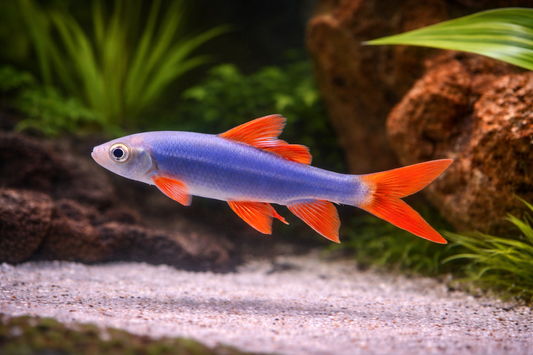 Colorful fish swimming in an aquarium with rocks and plants