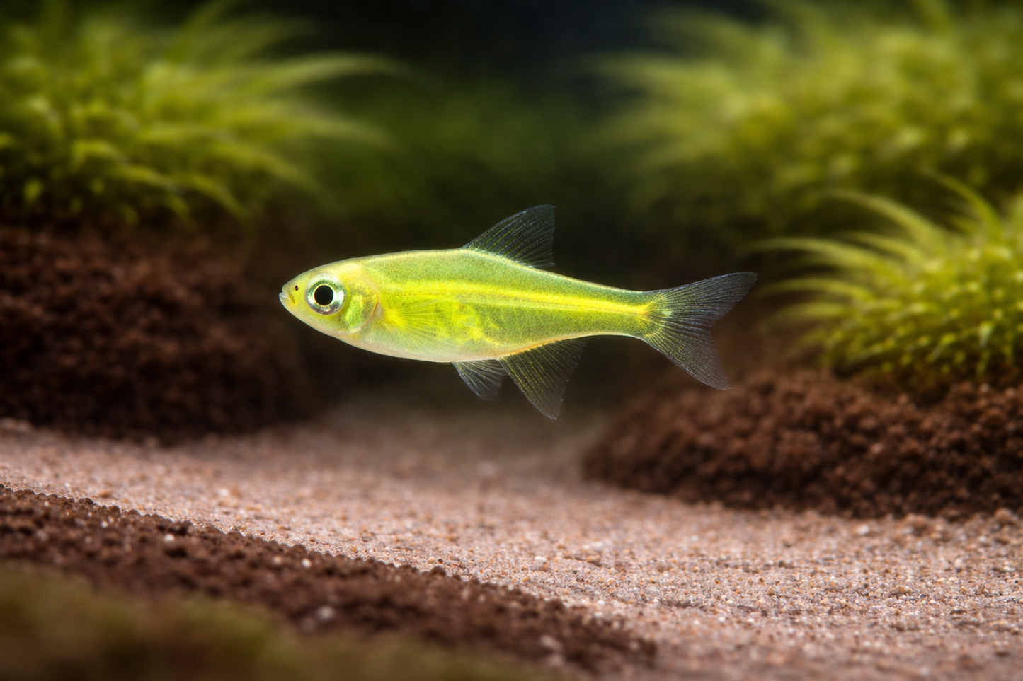 Small yellow fish swimming in an aquarium with green plants and brown substrate