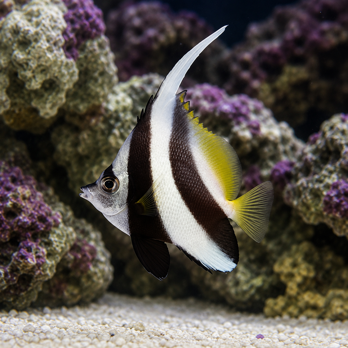A black, white, and yellow butterfly fish swims in front of coral reefs and rocks in an aquarium setting with a sandy bottom.