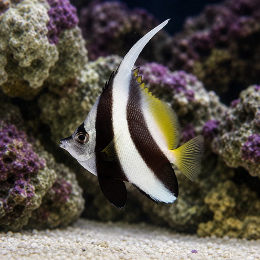 A black, white, and yellow butterfly fish swims in front of coral reefs and rocks in an aquarium setting with a sandy bottom.