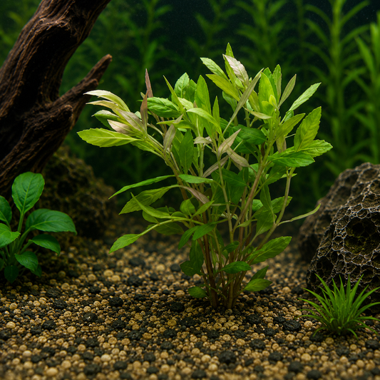 A live aquarium plant with bright green leaves and pale yellow-green tips, planted in a gravel substrate inside an aquarium, surrounded by driftwood and other aquatic plants.