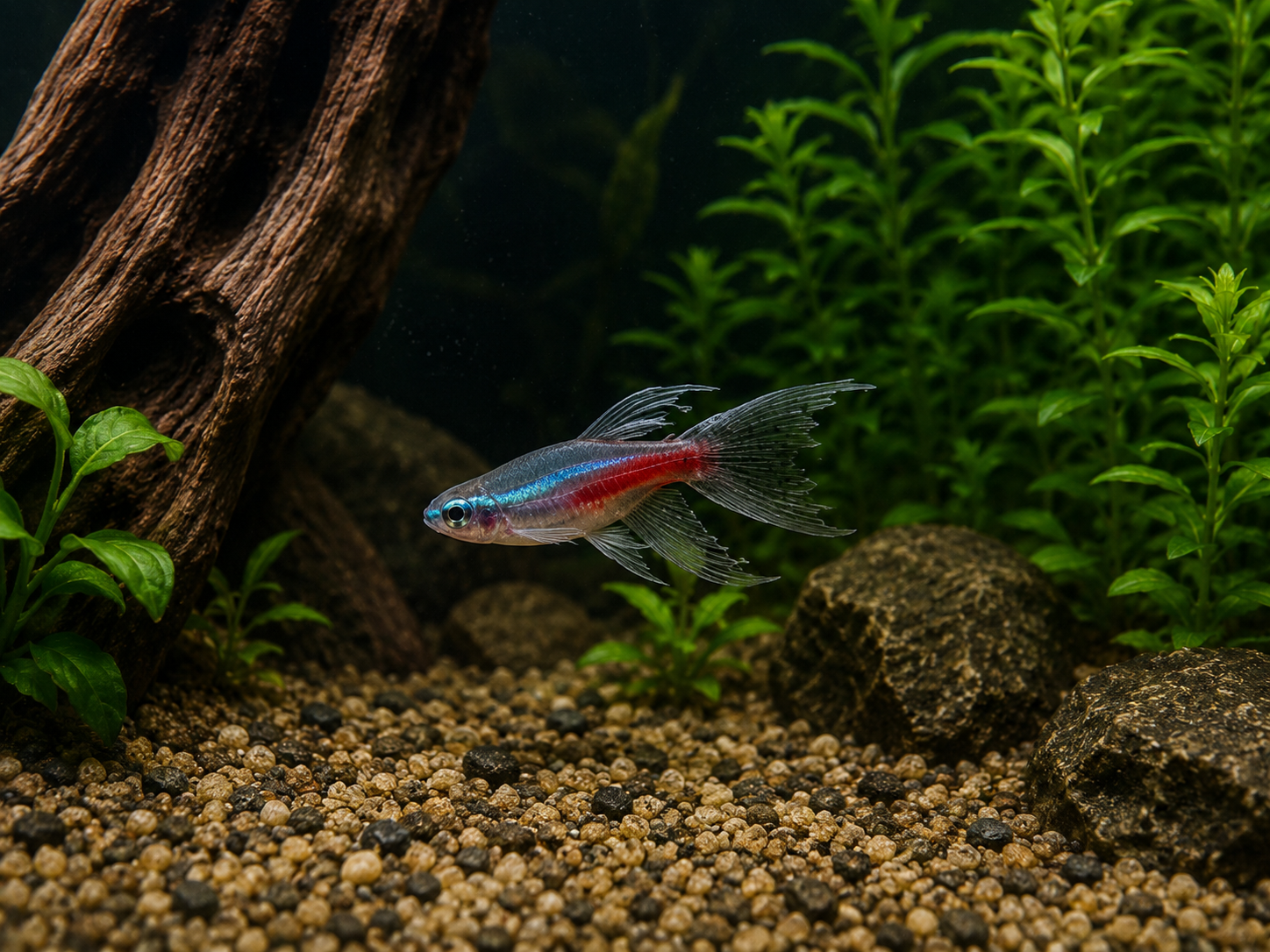 Colorful fish swimming in a well-decorated aquarium with plants and rocks.