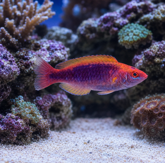 A small tropical fish with a bright orange-red head and body, fading into purple and pink along its back, swimming in an aquarium with coral and sandy white substrate.