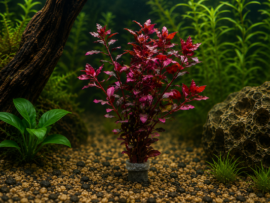 A live aquarium plant with vibrant magenta-red leaves and a dark reddish-brown stem, planted in a gravel substrate of tan and black pebbles within a decorated aquarium.