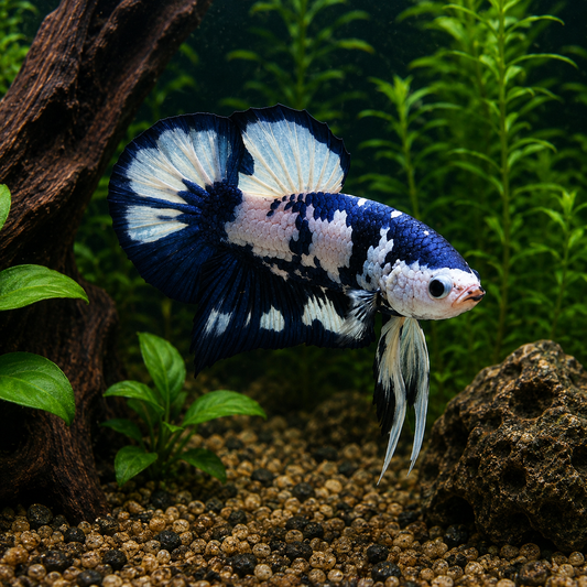 A blue and white betta fish swimming in a planted aquarium with gravel, driftwood, and green plants.