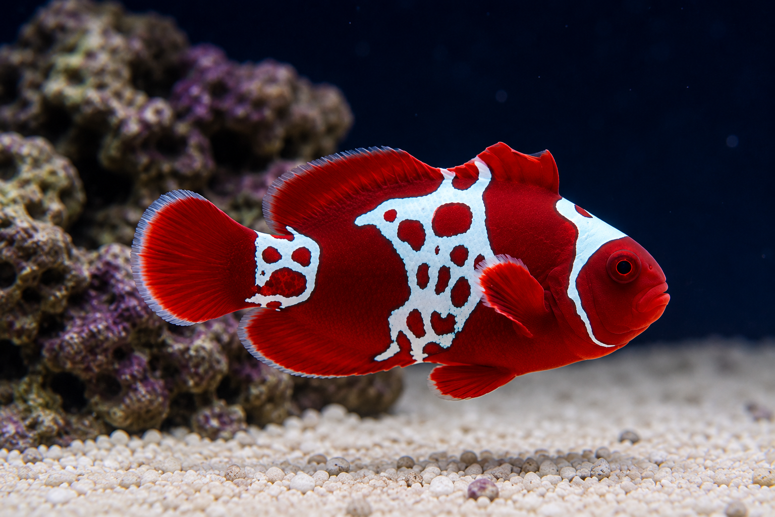 A small red and white fish swims in front of coral and sandy aquarium substrate against a dark blue background.