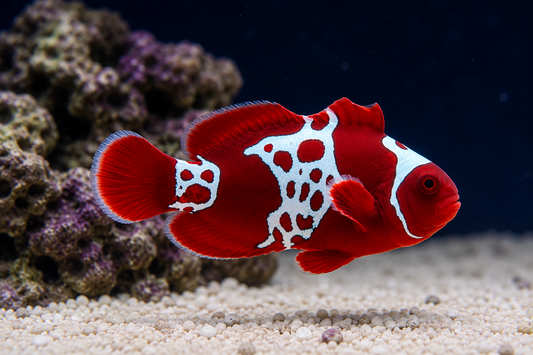 A small red and white fish swims in front of coral and sandy aquarium substrate against a dark blue background.