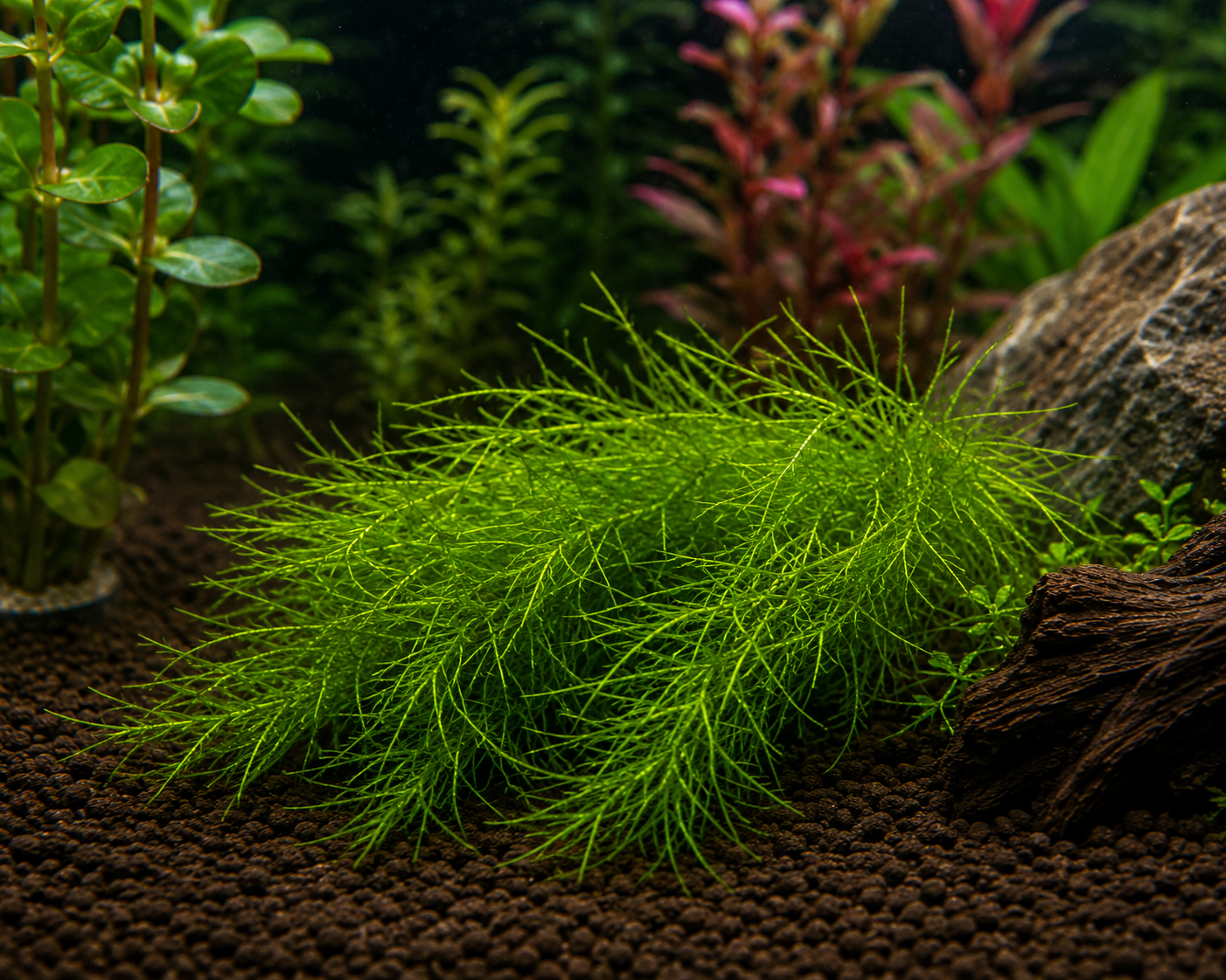 A vibrant green live plant with delicate, feathery fronds growing in an aquarium substrate, surrounded by other aquarium plants, a rock, and driftwood.