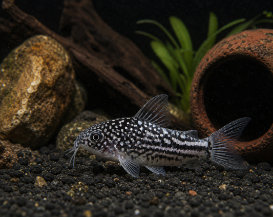 Decorative fish with black and white pattern in an aquarium setting