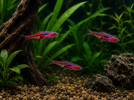 Three small red and black tetras swim among green aquarium plants, gravel, driftwood, and rocks in a fish tank.