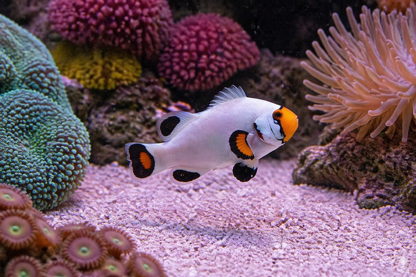 Colorful fish swimming among corals in an aquarium setting