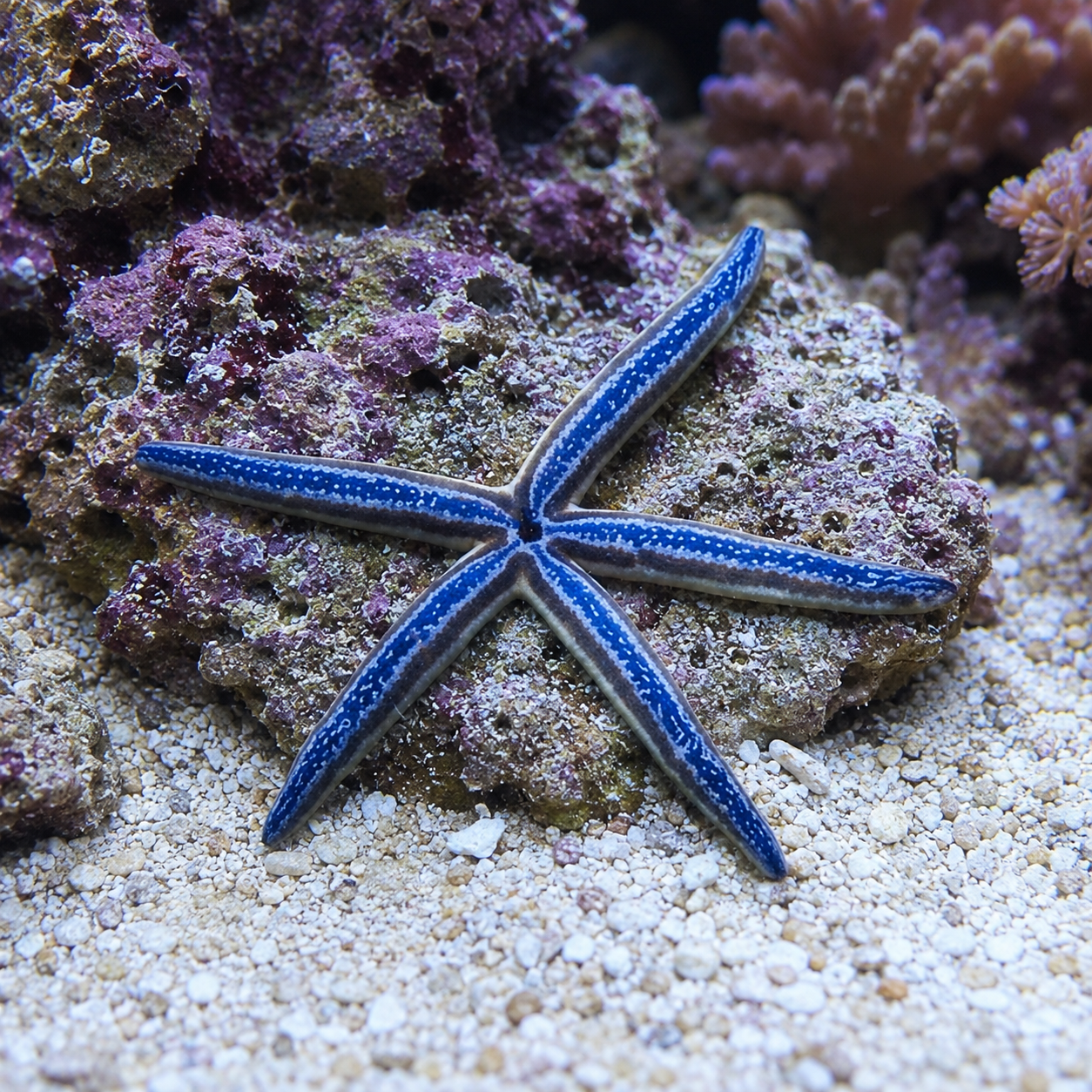 A live blue starfish resting on a textured coral rock in a marine aquarium setting with white sand and purple corals in the background.