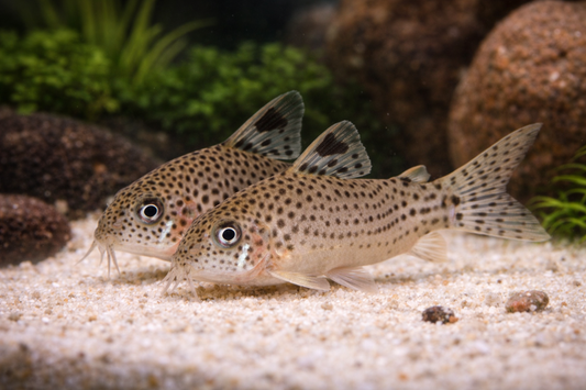Two catfish with spotted patterns on a sandy aquarium floor with rocks and plants.