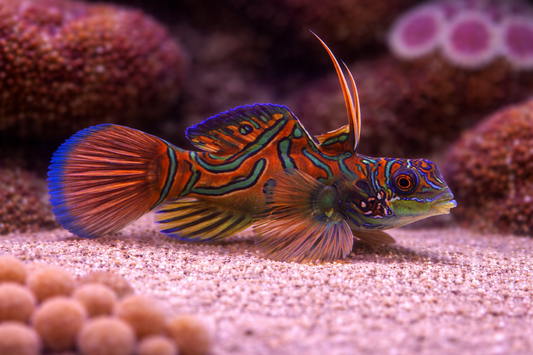 Colorful fish in an aquarium setting with coral and sand.