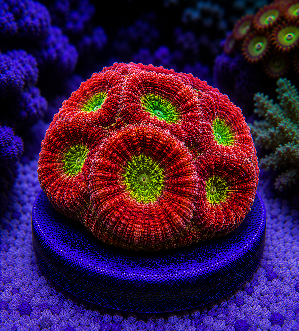 Colorful coral with red and green patterns on a purple background