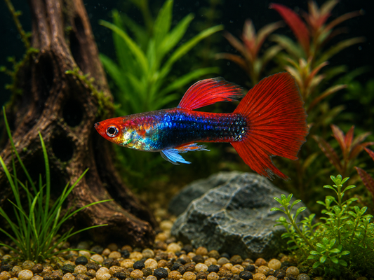A small guppy fish with a bright red tail and fins, blue body, and iridescent green/orange accents swimming in a planted aquarium with gravel, rocks, and green and red aquatic plants.