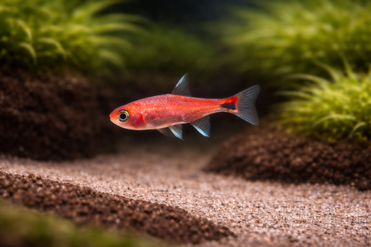 Red fish swimming in an aquarium with green plants and brown substrate