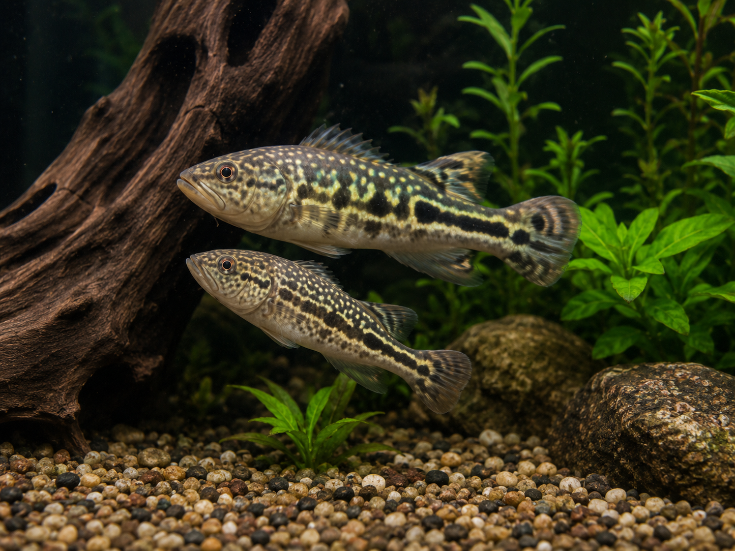 Two fish swimming in an aquarium with plants and rocks.