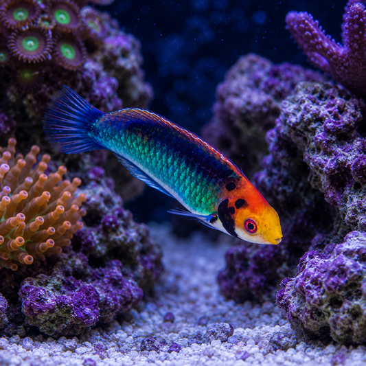 A small tropical fish with a bright blue-green body, orange and yellow head, and black facial markings swims in a coral reef aquarium with purple corals and sandy white seabed.