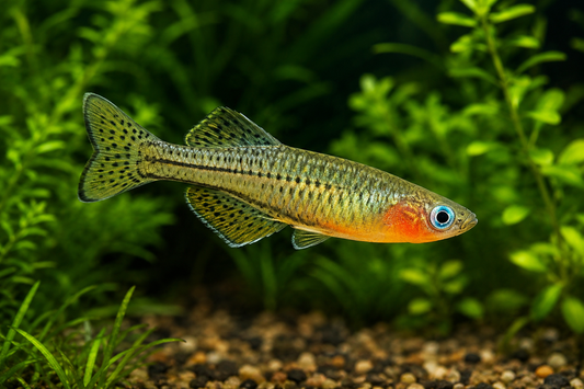Small fish with a colorful body and black spots swimming in an aquarium with green plants.