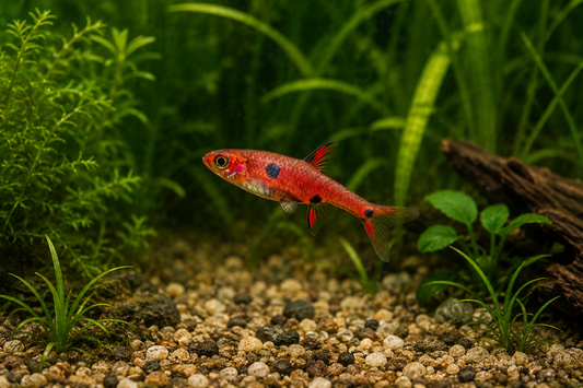 Small red fish with black spots swimming in an aquarium with green plants and gravel.