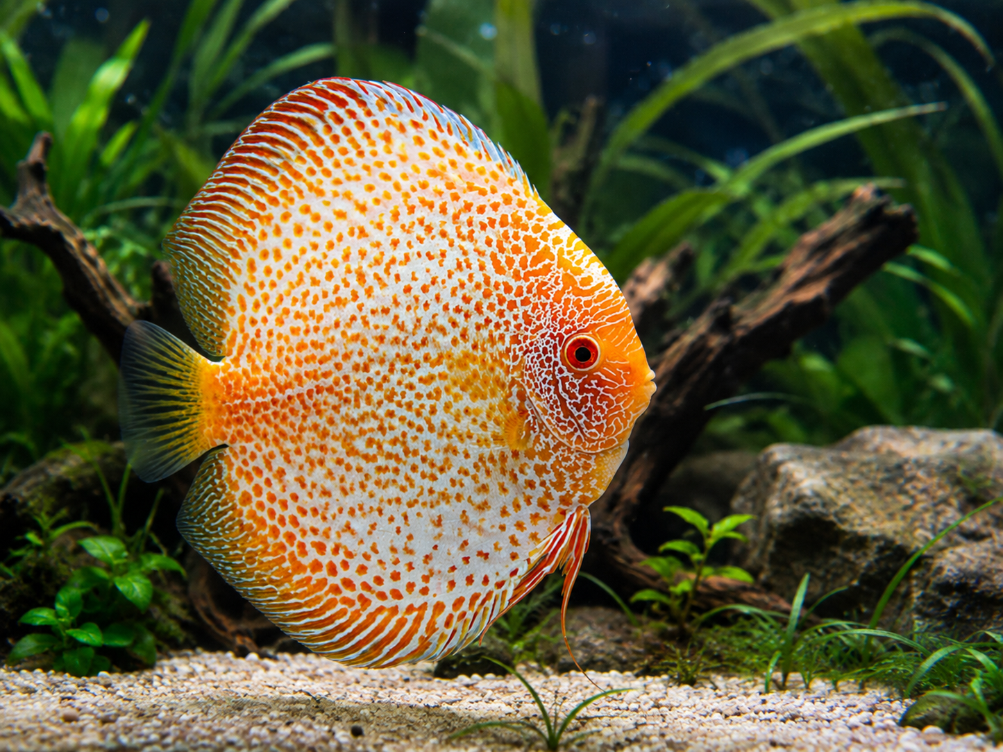A live discus fish, likely a七彩神仙鱼 (Paracheilodus gladius), swimming in a planted aquarium. The fish features a white body covered in dense orange and yellow spots, with a bright orange-red eye and red gill rakers.
