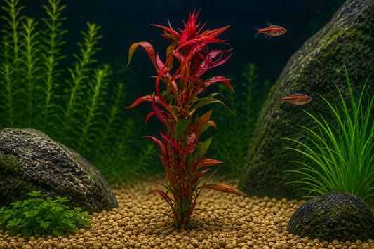 Aquarium with red aquatic plant and small fish, surrounded by rocks and plants.